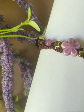 Handcrafted Brown Adjustable Macrame Bracelet with Purple Black and Gold Beads